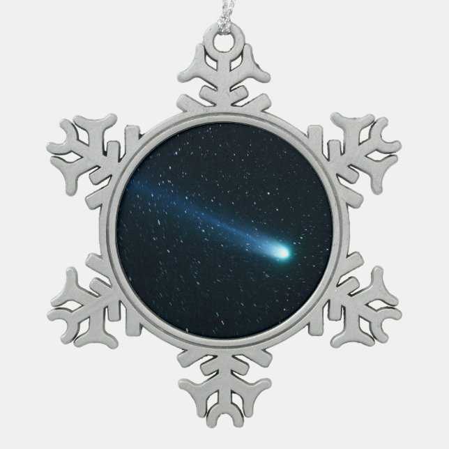 Comet in Night Sky Snowflake Pewter Christmas Ornament (Front)