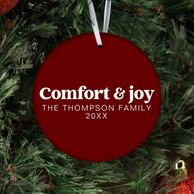 Comfort & Joy Modern Minimalist Dark Red Christmas Ornament (Creator Uploaded)