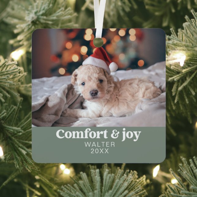 Comfort & Joy Photo and Name Modern Christmas  Metal Tree Decoration (Insitu)