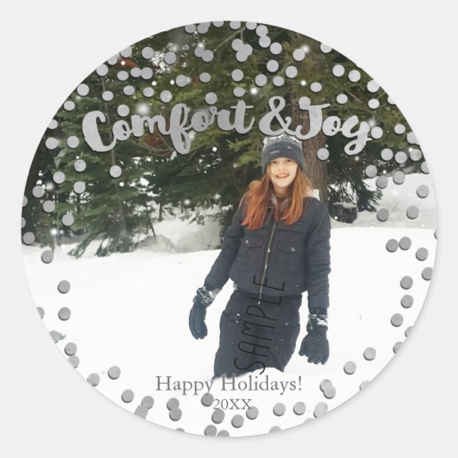 Comfort & Joy Silver Holiday Christmas Photo Classic Round Sticker (Front)
