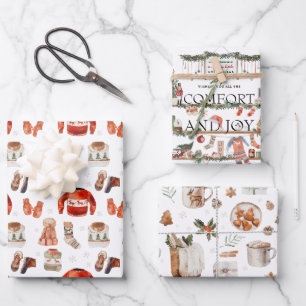 Comfort & Joy Watercolor Christmas Illustrations Wrapping Paper Sheet