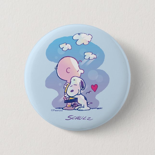 Comfort & Security | Charlie & Snoopy Hug 6 Cm Round Badge (Front)