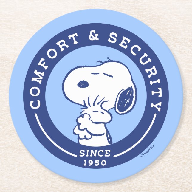 Comfort & Security | Snoopy & Woodstock Hug Round Paper Coaster (Front)