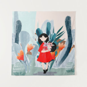 Comic art girl in forest tapestry