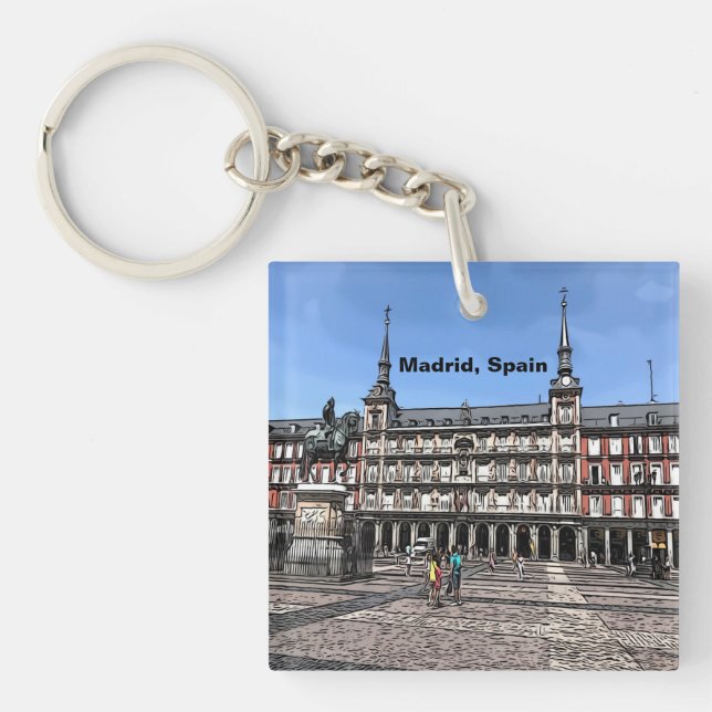 Comic Art of a plaza in Madrid, Spain  Key Ring (Front)