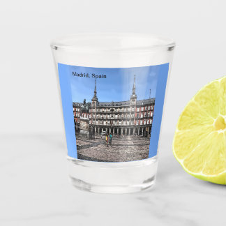 Comic Art of a plaza in Madrid, Spain Shot Glass