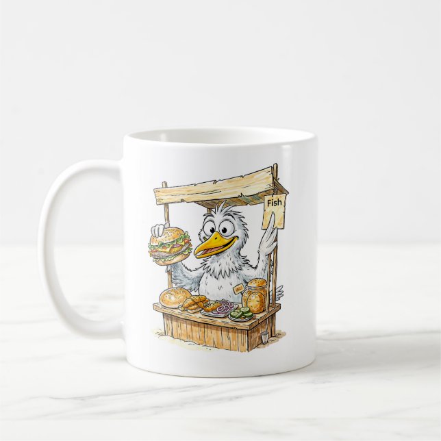 Comic Bird at Fish Stand Coffee Mug (Left)