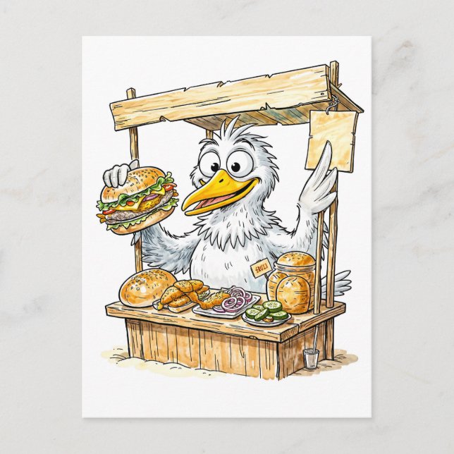 Comic Bird at Fish Stand Postcard (Front)