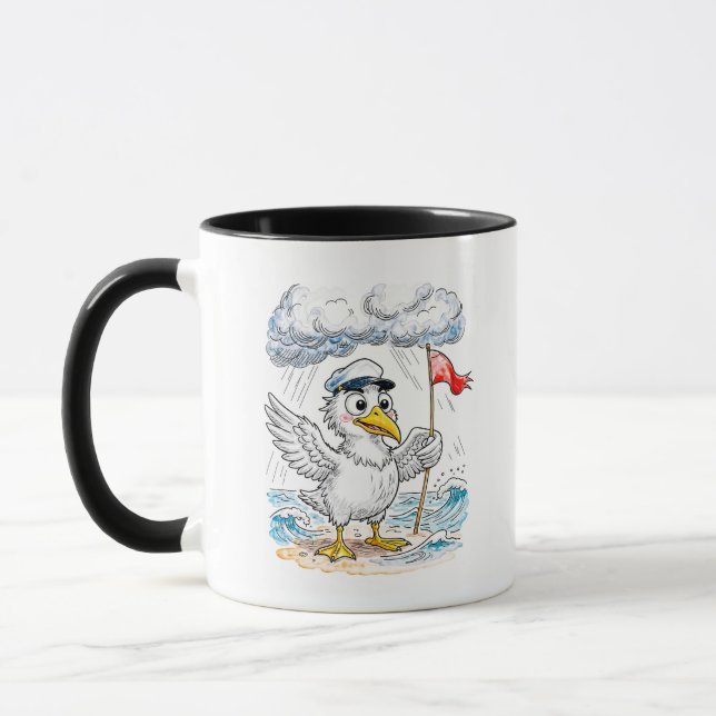 Comic Bird Beach Wind Check Postcard Mug (Left)