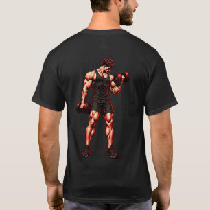 Comic Bodybuilder Dumbbell Curl Red Gym Art T-Shirt