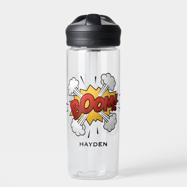 Comic Book Art Boom Bubble Personalised Water Bottle (Front)