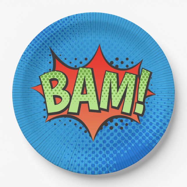 Comic Book BAM! on a blue background Paper Plate (Front)