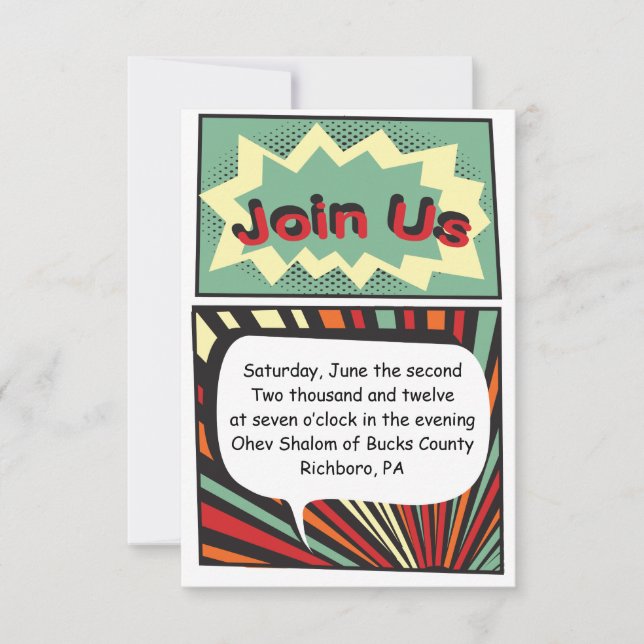 COMIC BOOK Bar Mitzvah Reception Party Card (Front)