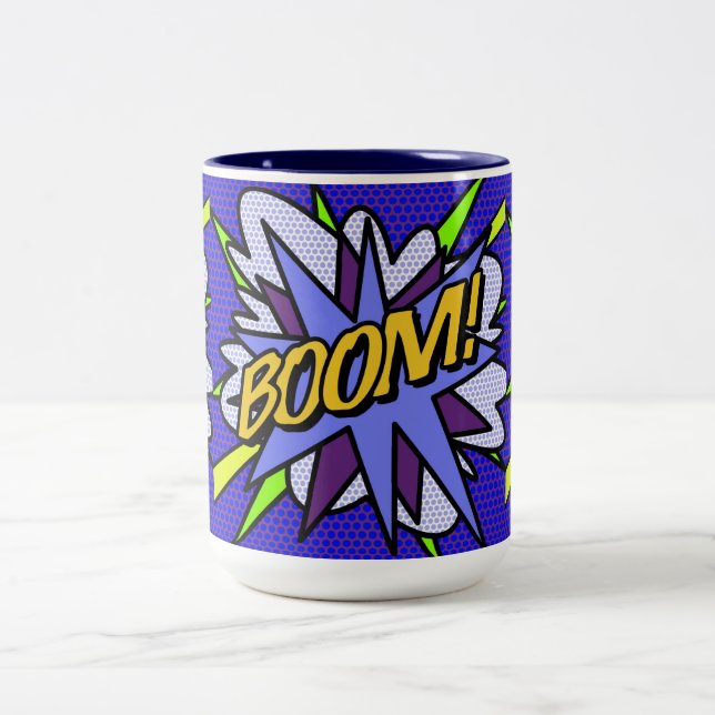 Comic Book BOOM Fun Cool Modern Two-Tone Coffee Mug (Center)
