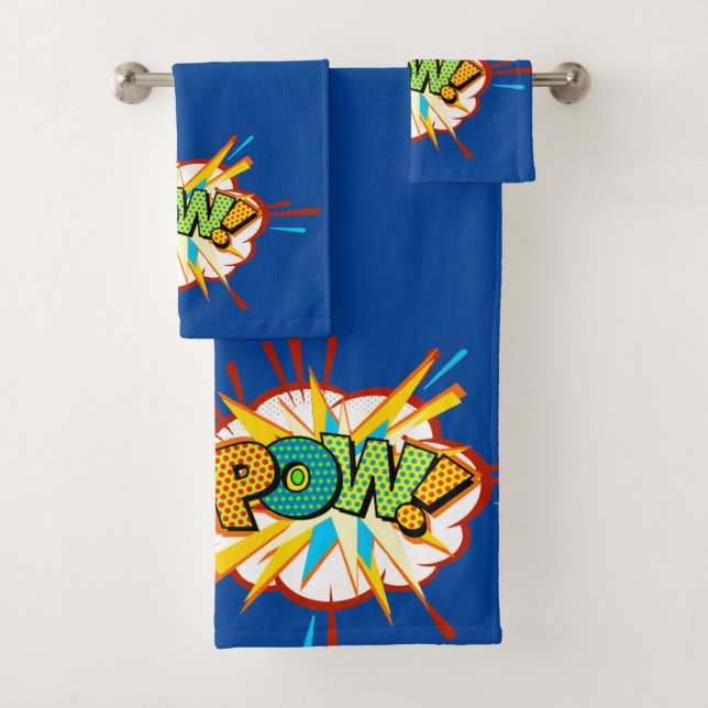 Comic Book Burst POW Text Superhero Towel Set (Insitu)