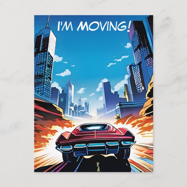 Comic Book Car Going Fast New Address Postcard (Front)