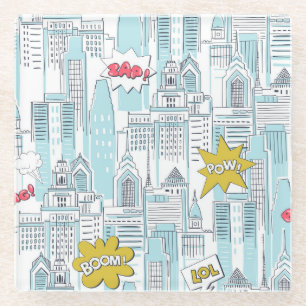 Comic book city: vintage pattern glass coaster