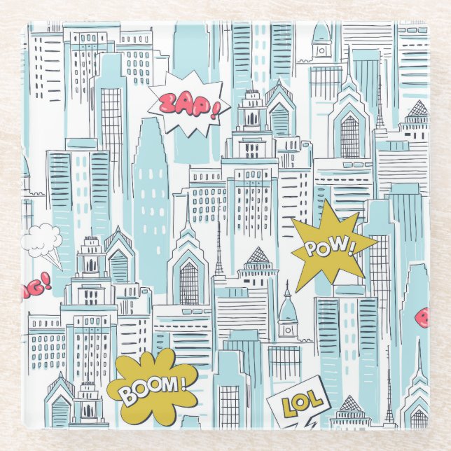 Comic book city: vintage pattern glass coaster (Front)