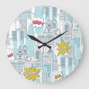 Comic book city: vintage pattern large clock