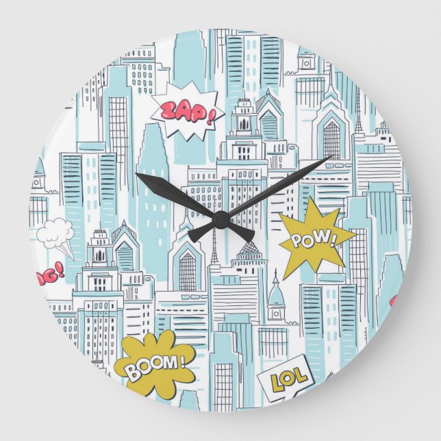 Comic book city: vintage pattern large clock (Front)