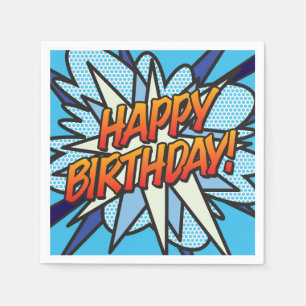 Comic Book HAPPY BIRTHDAY! blue paper napkin