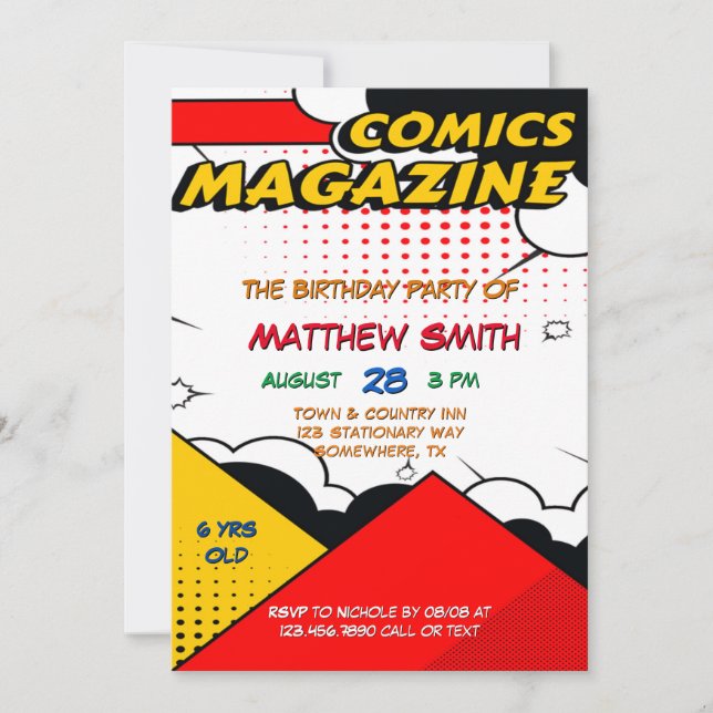 Comic Book Magazine Style Kids Birthday Party  Invitation (Front)