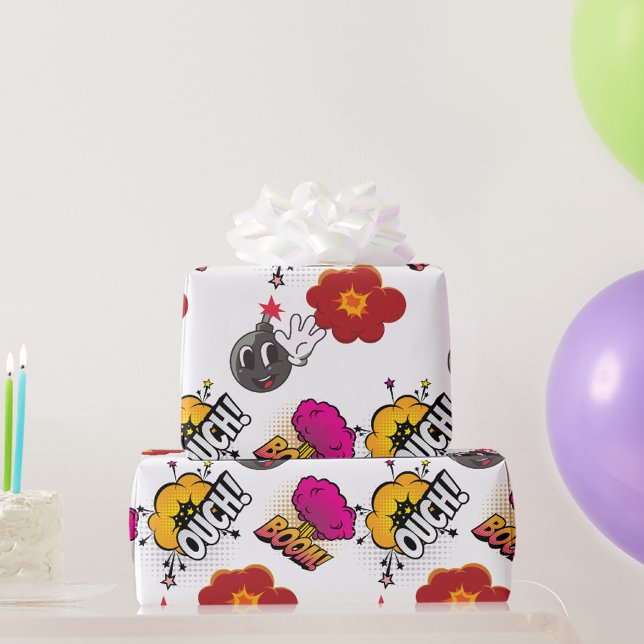 Comic Book Pop Art Boom Ouch White Gift Wrapping Paper (Creator Uploaded)