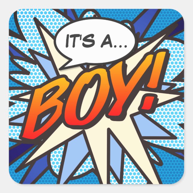 Comic Book Pop Art IT'S A BOY Gender Reveal Square Sticker (Front)