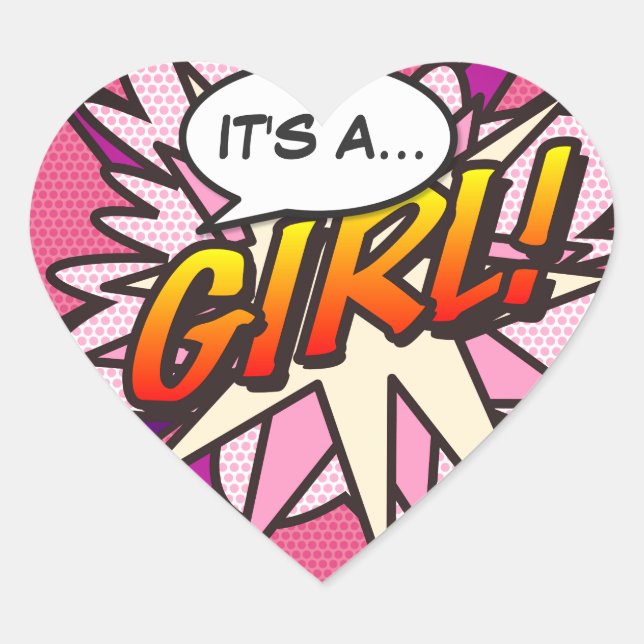 Comic Book Pop Art IT'S A GIRL Gender Reveal Heart Sticker (Front)