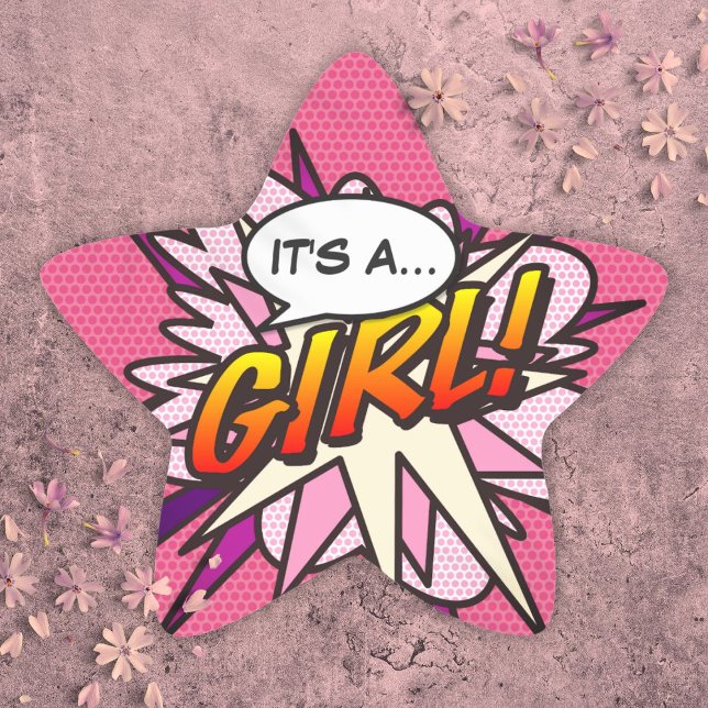 Comic Book Pop Art IT'S A GIRL Gender Reveal Star Sticker (Its A Girl Fun Comic Book Baby Shower Pink Star Sticker)