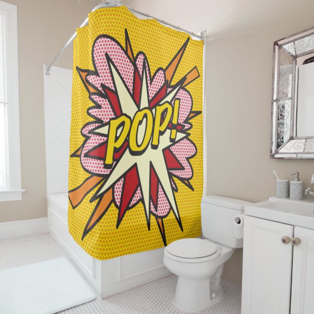 Comic Book POP Fun Retro Modern Superhero Shower Curtain (In Situ)