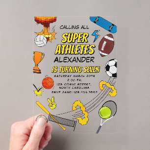 Comic Book Retro Sports Athletic Balls Birthday Acrylic Invitations