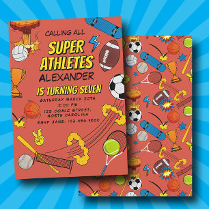 Comic Book Retro Sports Athletic Balls Birthday Invitation