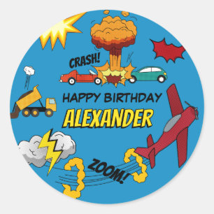 Comic Book Retro Truck Vehicles Aeroplanes Birthda Classic Round Sticker