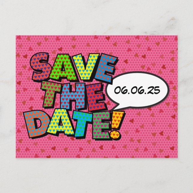 Comic Book Save The Date Pink Hearts  Announcement Postcard (Front)