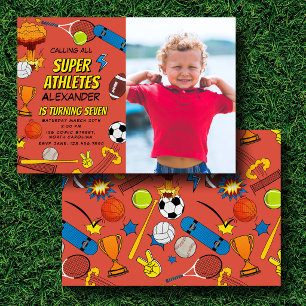 Comic Book Sports Athletic Balls Birthday Photo Invitation