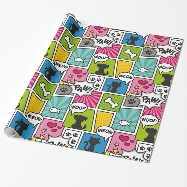 Comic Book Style Pet Pattern Wrapping Paper (Unrolled)