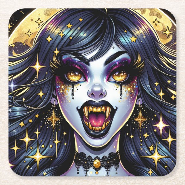 Comic Book Style Vampire Halloween Party  Square Paper Coaster (Front)