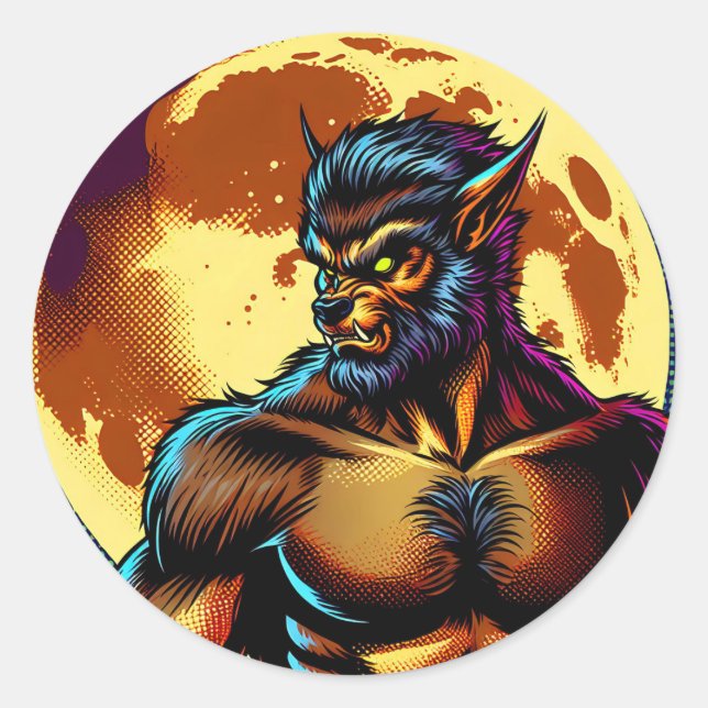 Comic Book Style Werewolf in Front of Full Moon Classic Round Sticker (Front)