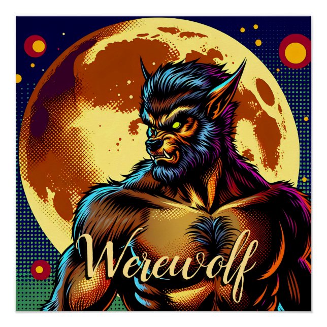 Comic Book Style Werewolf in Front of Full Moon Poster (Front)