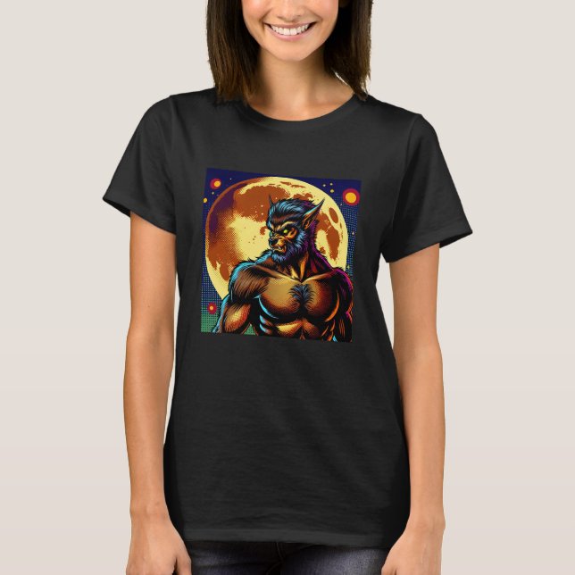 Comic Book Style Werewolf in Front of Full Moon T-Shirt (Front)