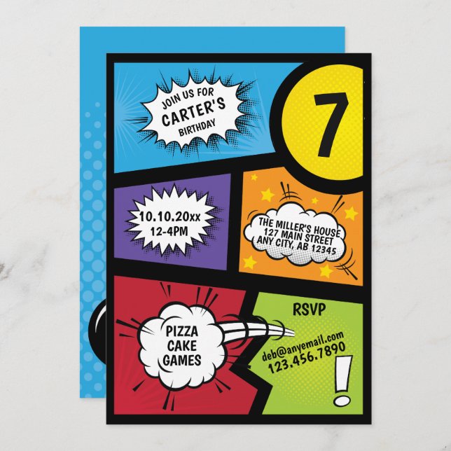 Comic Book Super Hero Birthday Invitation (Front/Back)
