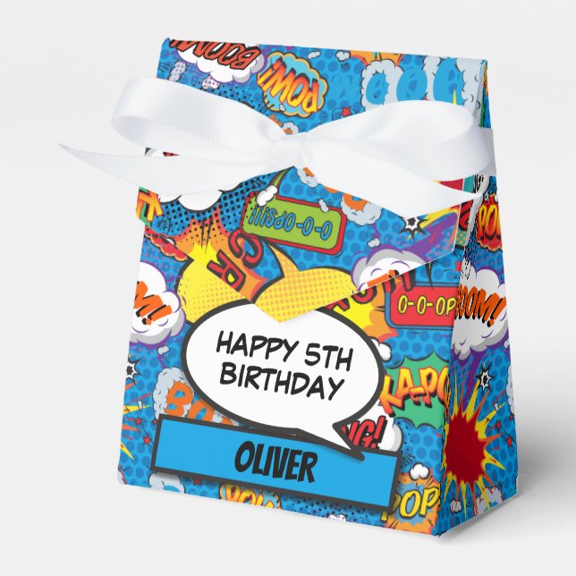 Comic Book Superhero Birthday Party Blue Favour Box (Front Side)