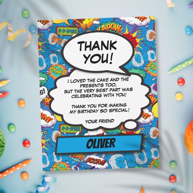 Comic Book Superhero Birthday Party Blue Thank You (Comic Book Superhero Birthday Party Blue Thank You)