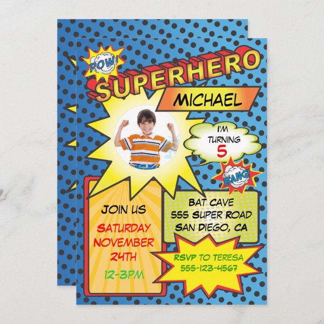 Comic Book Superhero Photo Insert Birthday Party Invitation (Front/Back)