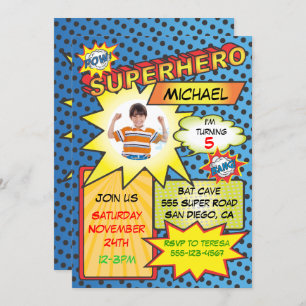 Comic Book Superhero Photo Insert Birthday Party Invitation