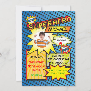 Comic Book Superhero Photo Insert Birthday Party Invitation