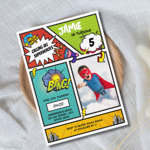 Comic Book Superhero Unique Boy's Photo Birthday  Invitation