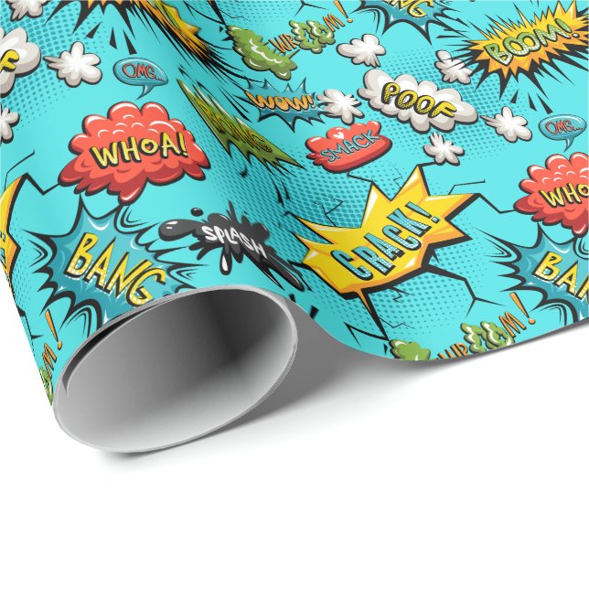 Comic Book Theme Teal Wrapping Paper (Roll Corner)
