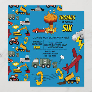 Comic Book Trucks Cars Vehicles Aeroplanes Birthda Invitation